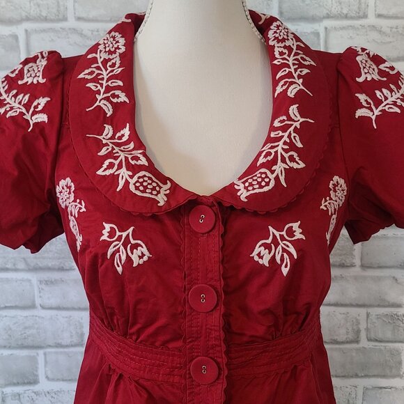 Elevenses Anthropologie Red Embroidered Blazer Jacket Top Cottage Romantic 4 - Picture 2 of 8